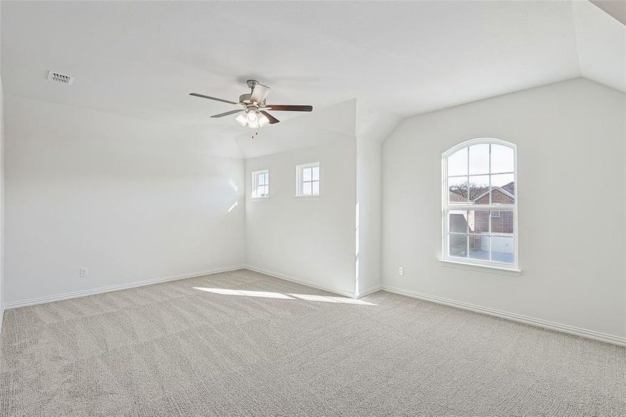 Carpeted empty room featuring ceiling fan, lofted ceiling, and a wealth of natural light