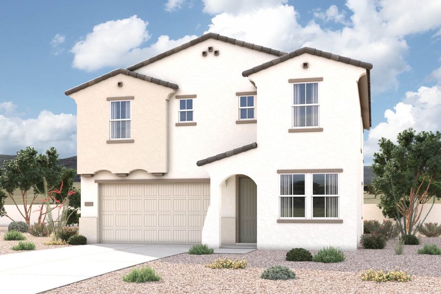 Front exterior of a new home in Palomino Ranch, Maricopa, AZ, highlighting curb appeal (Image 1). Front exterior of a new home in Palomino Ranch, Maricopa, AZ, highlighting curb appeal (Image 1).
