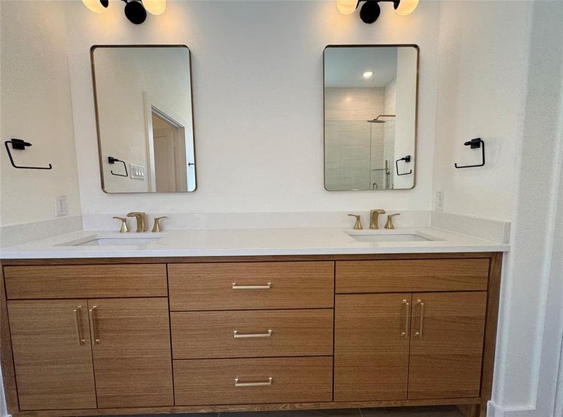 Bathroom with vanity and a shower