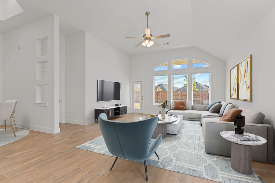The dramatic casual dining flows into the amazing family area with walls of high windows and transom windows above to have all that amazing lighting!  Wow, what a wow factor! *Virtually Staged*