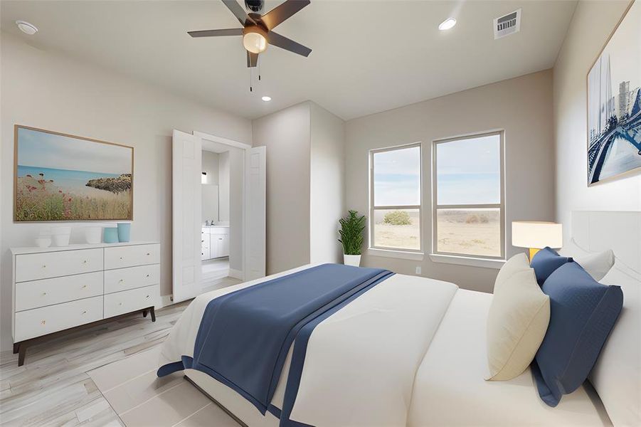 Bedroom featuring ensuite bathroom, light wood-type flooring, and ceiling fan