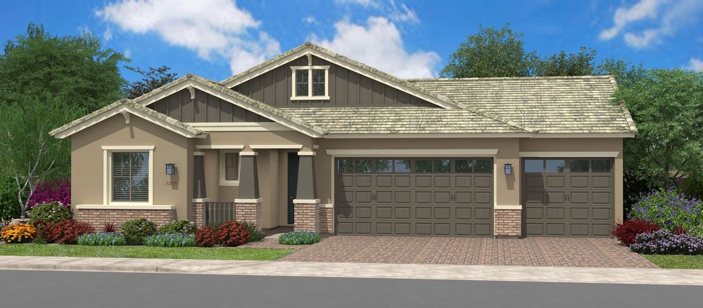 Representative exterior photo of a completed home built from the Pelican Bay Super Garage by Fulton Homes in Sonoma Coast, San Tan Valley, AZ (Image 1). Representative exterior photo of a completed home built from the Pelican Bay Super Garage by Fulton Homes in Sonoma Coast, San Tan Valley, AZ (Image 1).