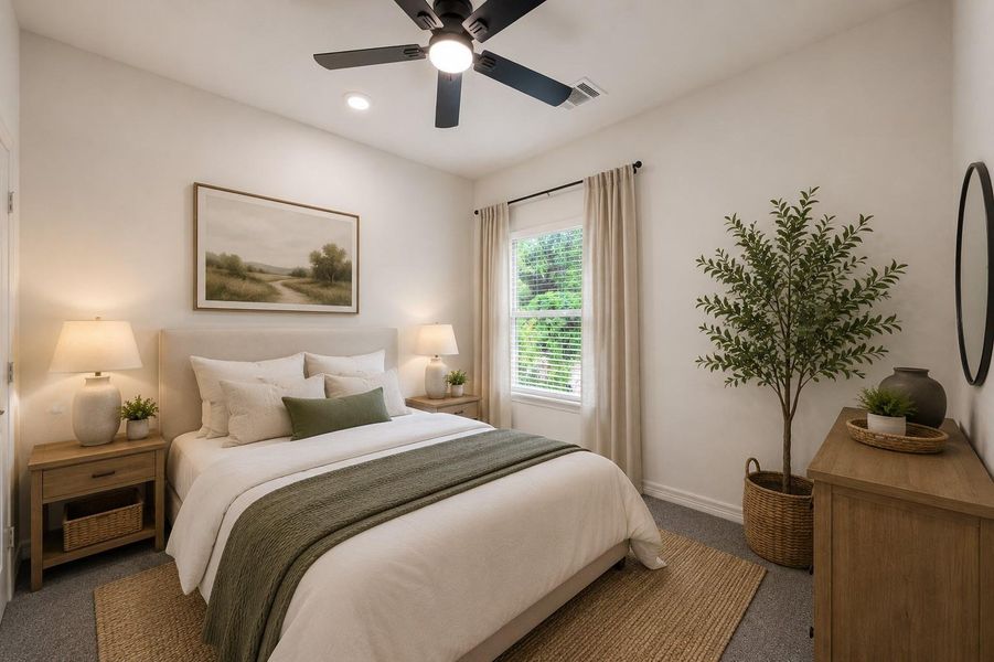 Bedroom 2 equipped with a stylish ceiling fan and brand-new carpet *Virtually staged*