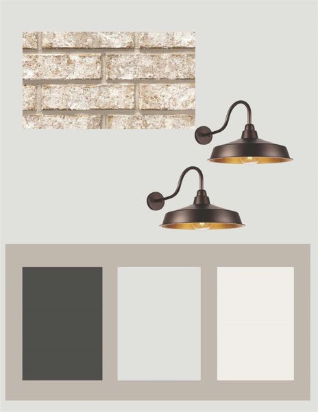 EXTERIOR 1.Casa Blanca King Heritage brick 2.Front Door - Iron Ore 3.Body - Nebulous White 4.Trim - Pure White 5.Lighting