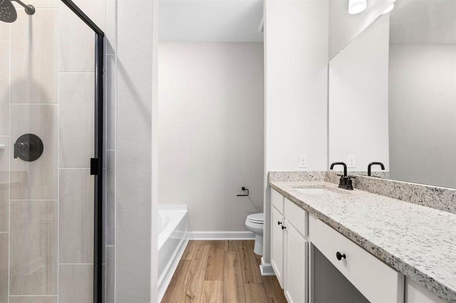 The primary bedroom has an expansive standing shower and a lovely soaking tub.