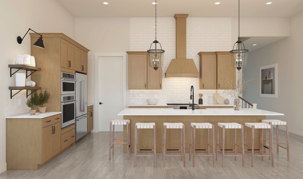 Kitchen with vast island & pendant lights