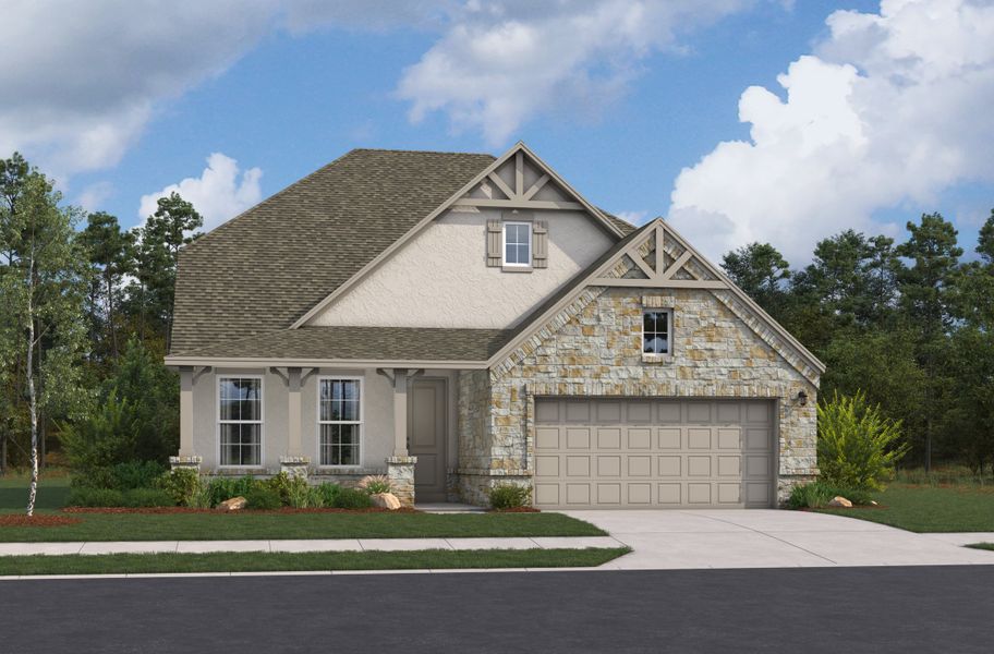 Front exterior of a new home in Parklands Estates, Schertz, TX, highlighting curb appeal (Image 1). Front exterior of a new home in Parklands Estates, Schertz, TX, highlighting curb appeal (Image 1).