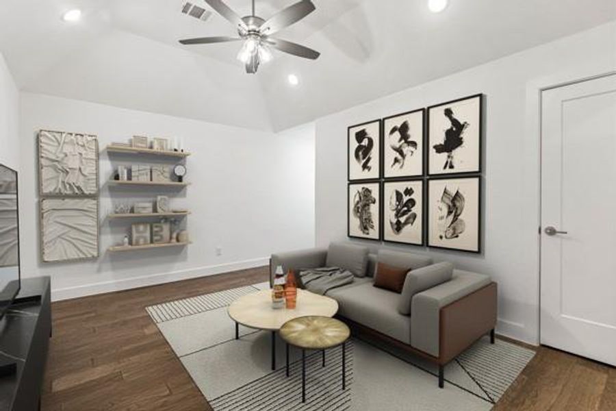 Living room with dark wood-style flooring, recessed lighting, lofted ceiling, and ceiling fan Living room with dark wood-style flooring, recessed lighting, lofted ceiling, and ceiling fan