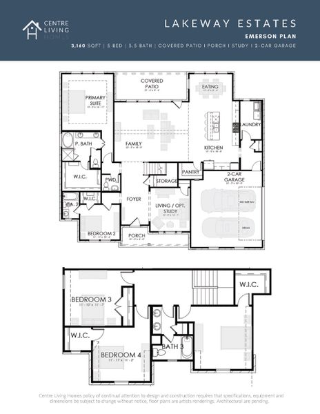2D floor plan layout for the Emerson by Centre Living Homes in Lakeway Estates, Waxahachie, TX (Image 5).