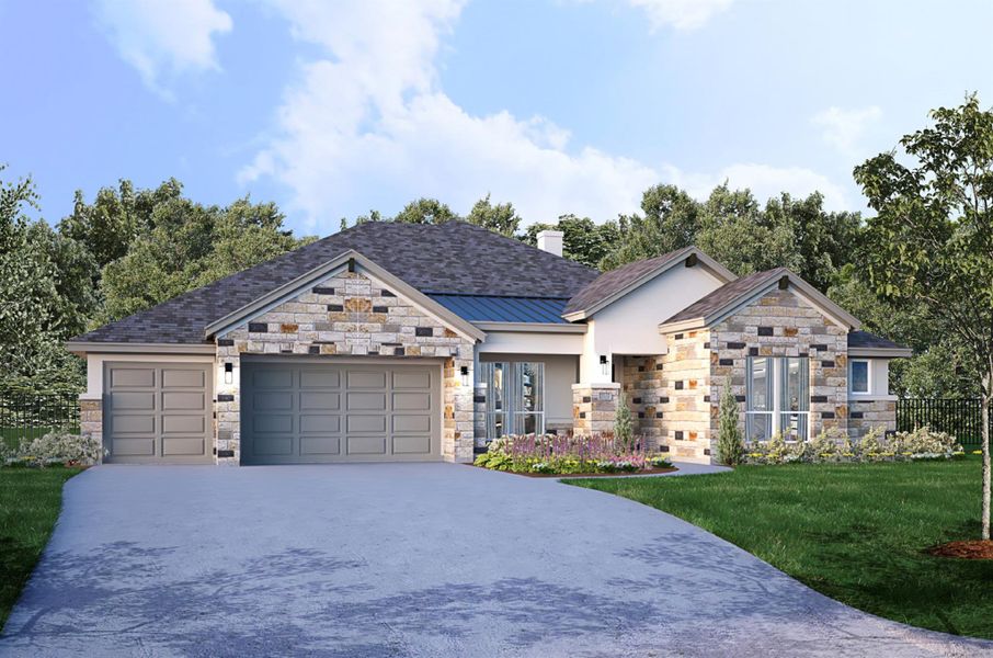 Front exterior of a new home in Riverstone, Georgetown, TX, highlighting curb appeal (Image 2). Front exterior of a new home in Riverstone, Georgetown, TX, highlighting curb appeal (Image 2).