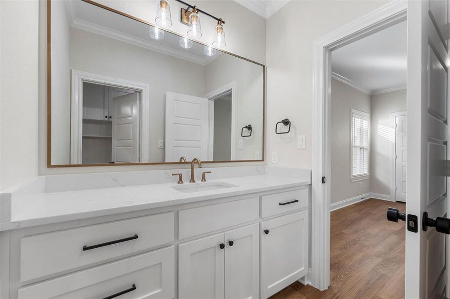 Bathroom featuring ornamental molding, vanity, and wood finished floors Bathroom featuring ornamental molding, vanity, and wood finished floors