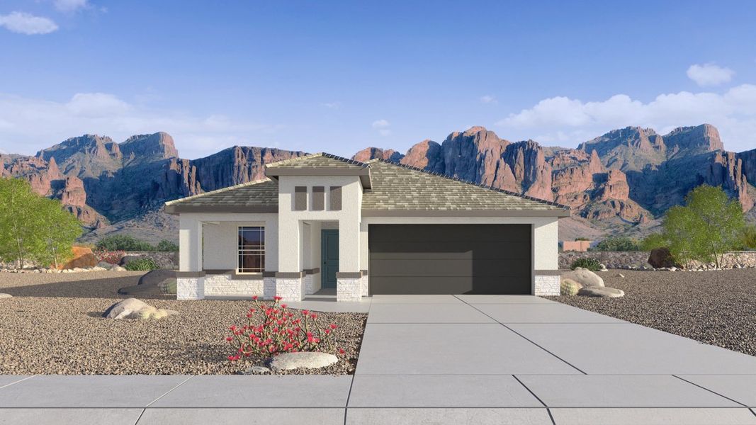Front exterior of a new home in Copper Falls, Buckeye, AZ, highlighting curb appeal (Image 1). Front exterior of a new home in Copper Falls, Buckeye, AZ, highlighting curb appeal (Image 1).