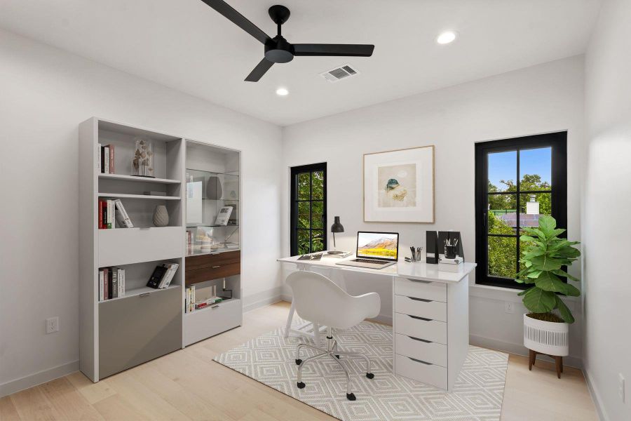 Bright hardwood floors and abundant natural light create an ideal workspace for focus and creativity. Bright hardwood floors and abundant natural light create an ideal workspace for focus and creativity.