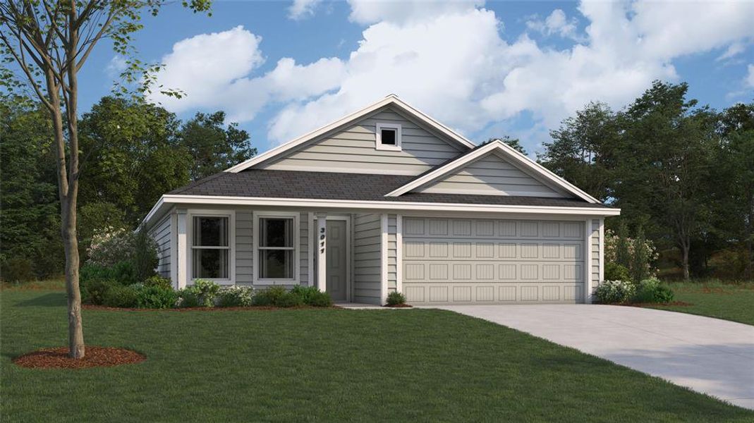 View of front of house featuring a garage and a front lawn