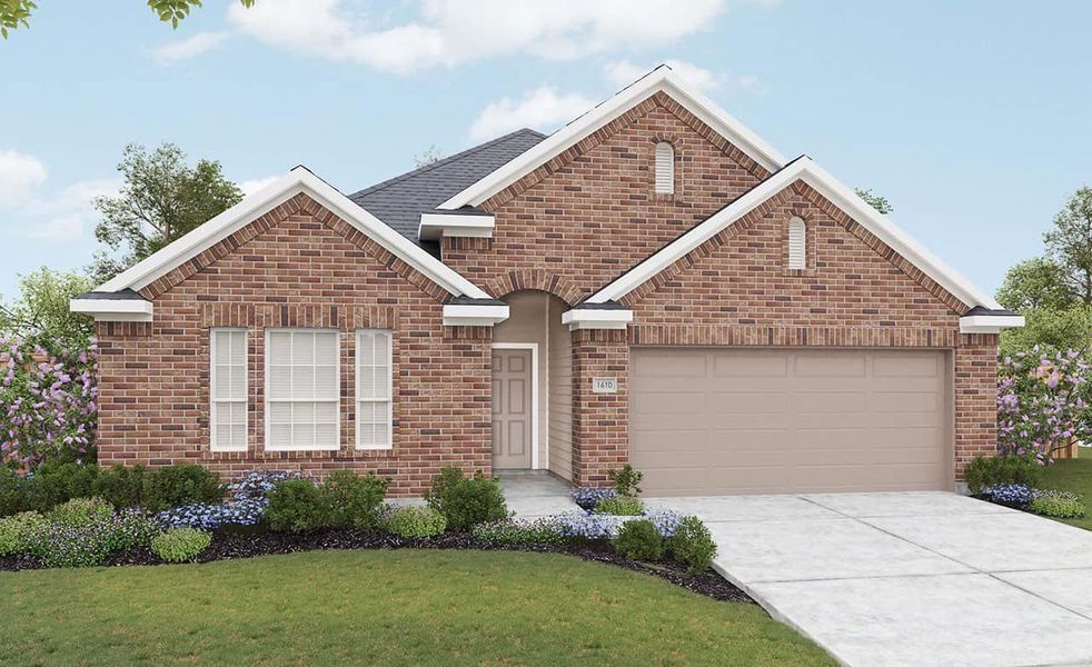 View of front of house featuring concrete driveway, brick siding, an attached garage, and a front yard