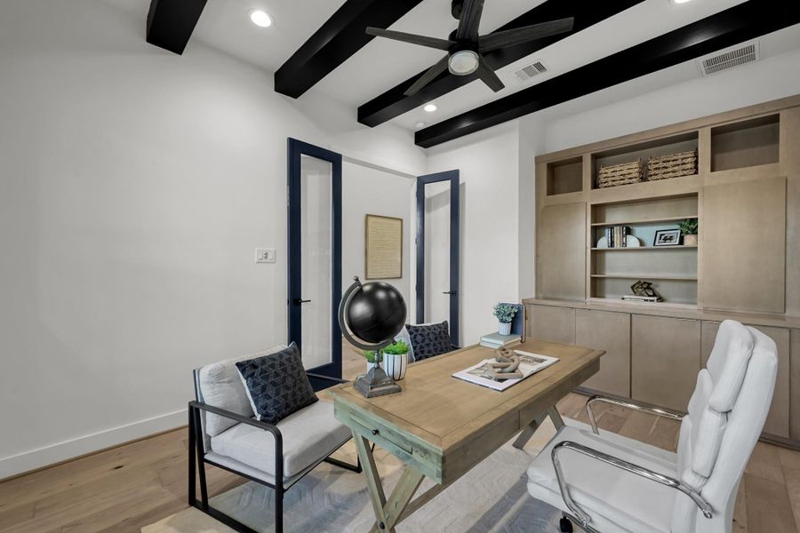 Office or flex space with beamed ceiling and natural light. Office or flex space with beamed ceiling and natural light.