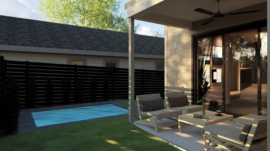 View of energy efficient triple panel sliding door and cocktail pool.