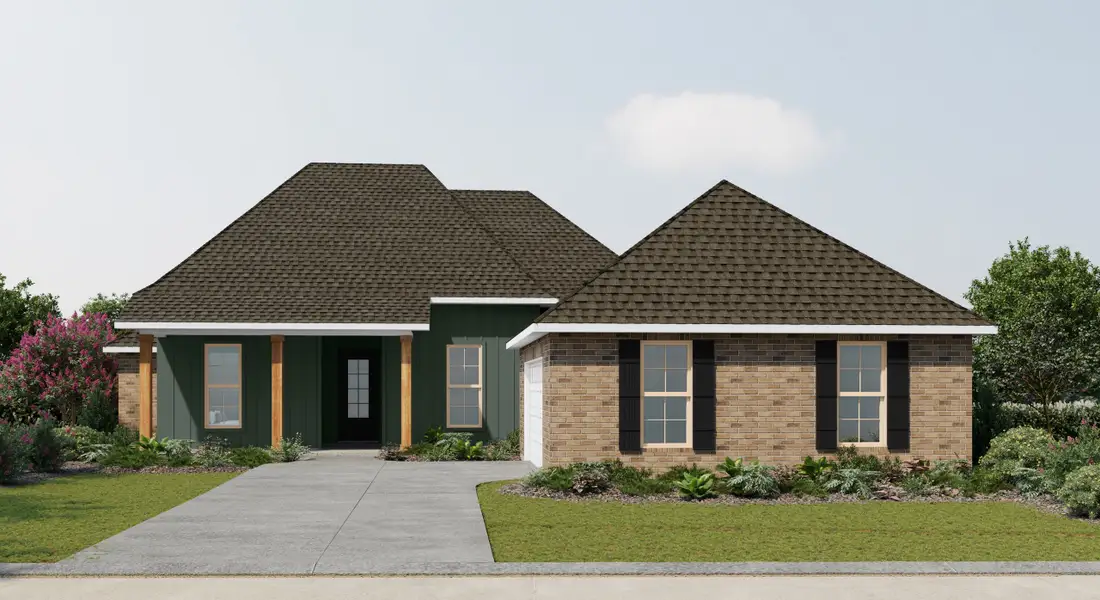 Front exterior of a new home in Bird Song at Hammock Bay, Freeport, FL, highlighting curb appeal (Image 1). Front exterior of a new home in Bird Song at Hammock Bay, Freeport, FL, highlighting curb appeal (Image 1).