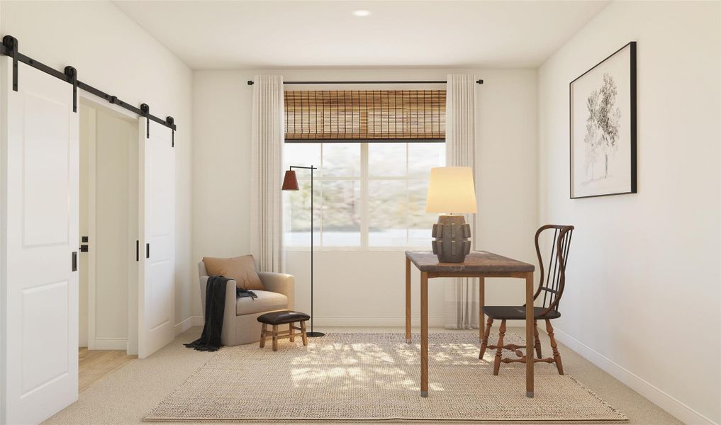 Home office with barn doors (*Artist rendering used for illustration purposes only.) Home office with barn doors (*Artist rendering used for illustration purposes only.)