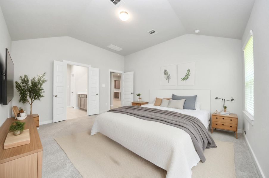 *Virtually Staged* Primary Bedroom. Sample photo of completed home with similar floor plan. Actual colors and selections may vary.