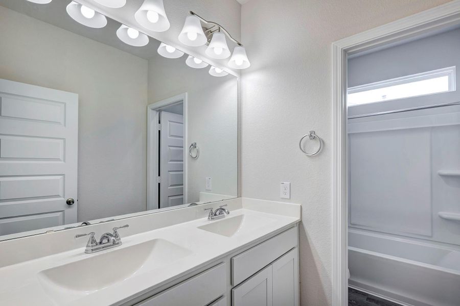 The Sparrow II- Upstairs Hall Bath with Dual Sinks The Sparrow II- Upstairs Hall Bath with Dual Sinks