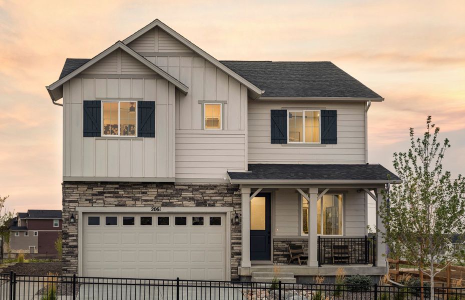 Front exterior of a new home in Harvest Crossing, Aurora, CO, highlighting curb appeal (Image 1). Front exterior of a new home in Harvest Crossing, Aurora, CO, highlighting curb appeal (Image 1).