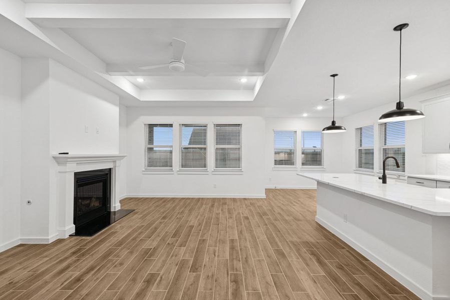 Open great room with cozy fireplace