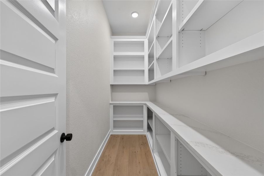 Custom built-in shelving and smooth countertops maximize storage space in this walk-in pantry.