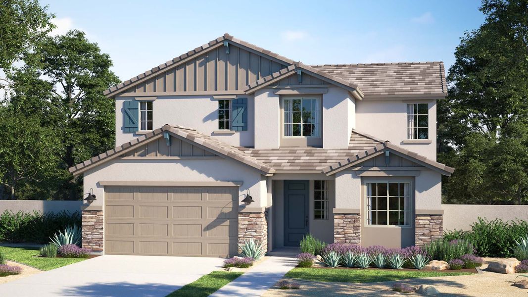 Representative exterior photo of a completed home built from the Citrus by Landsea Homes in El Cidro, Goodyear, AZ (Image 7). Representative exterior photo of a completed home built from the Citrus by Landsea Homes in El Cidro, Goodyear, AZ (Image 7).
