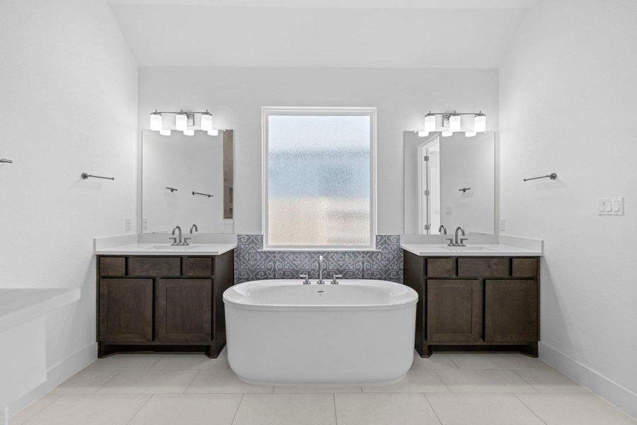 Primary Bath retreat with dual vanities & soaking tub