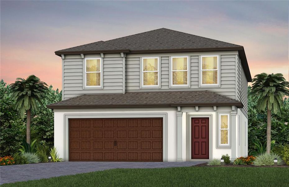 Front exterior of a new home in Vida's Way, Wesley Chapel, FL, highlighting curb appeal (Image 19). Front exterior of a new home in Vida's Way, Wesley Chapel, FL, highlighting curb appeal (Image 19).