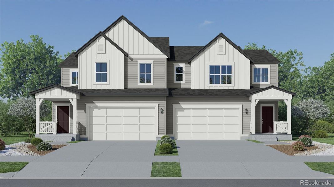 Front exterior of a new home in Timber Lark, Fort Collins, CO, highlighting curb appeal (Image 1). Front exterior of a new home in Timber Lark, Fort Collins, CO, highlighting curb appeal (Image 1).