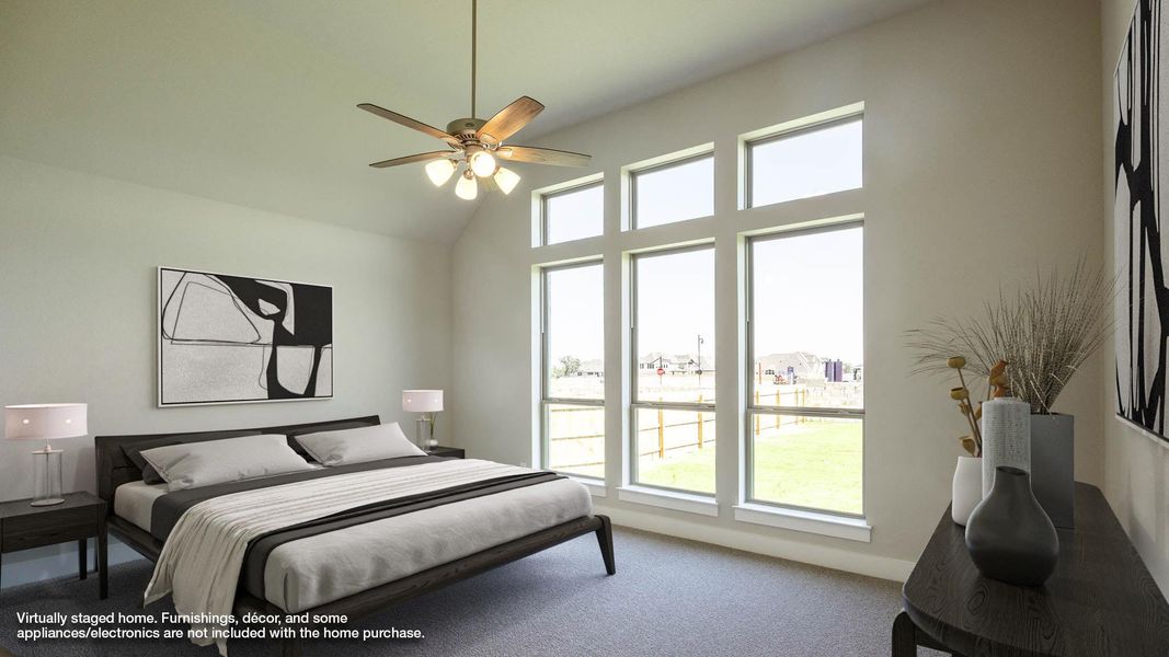 Carpeted bedroom featuring high vaulted ceiling, ceiling fan, and a residential view Carpeted bedroom featuring high vaulted ceiling, ceiling fan, and a residential view