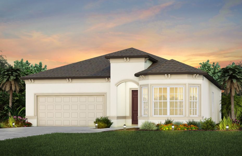 Front exterior of a new home in Del Webb Stone Creek, Ocala, FL, highlighting curb appeal (Image 1).
