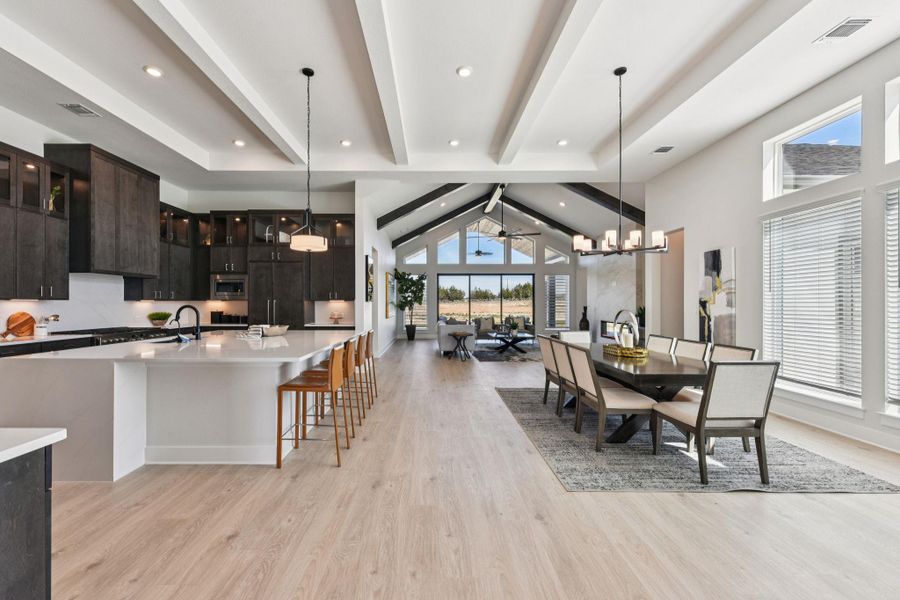 Dining room with a chandelier, a ceiling fan, and light wood-style flooring