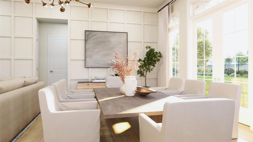 Dining space with an inviting chandelier, a wealth of natural light, and light wood flooring available