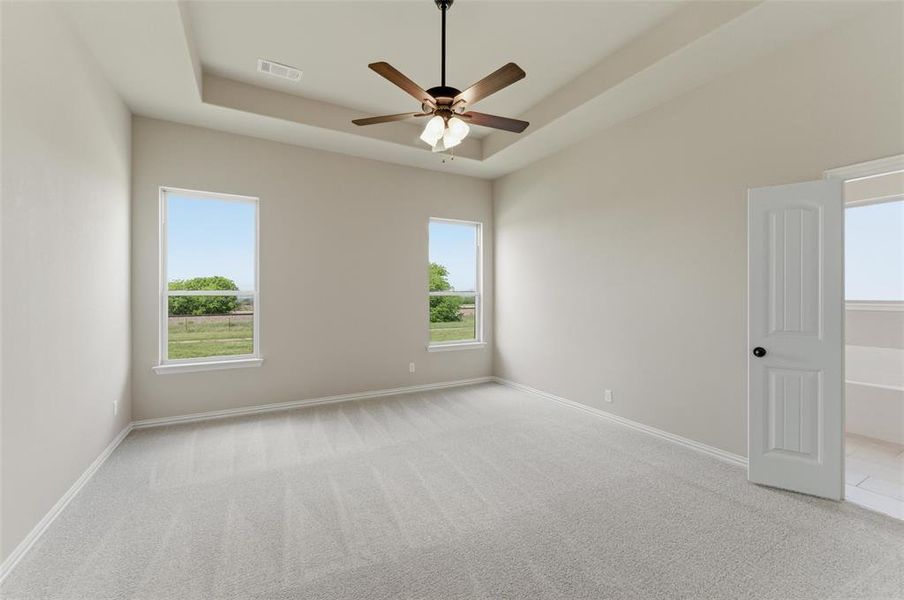 Unfurnished room with light colored carpet, a ceiling fan, and a tray ceiling Unfurnished room with light colored carpet, a ceiling fan, and a tray ceiling