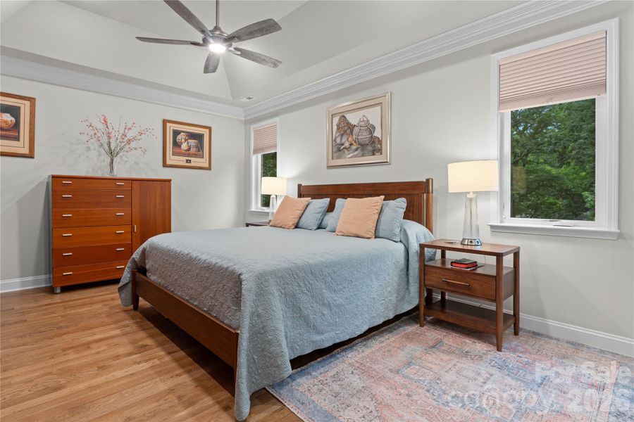 Spacious primary suite with tray ceiling and windows which overlook for woods.