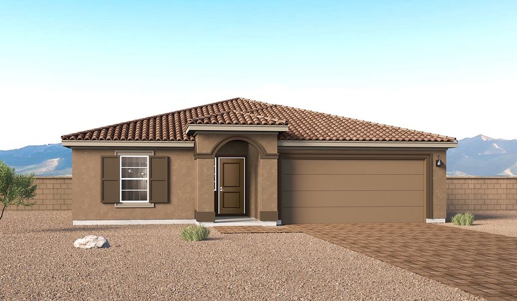 Front exterior of a new home in Entrada Del Toro at Rancho Sahuarita, Sahuarita, AZ, highlighting curb appeal (Image 1). Front exterior of a new home in Entrada Del Toro at Rancho Sahuarita, Sahuarita, AZ, highlighting curb appeal (Image 1).