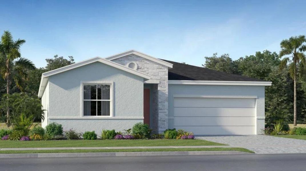 Front exterior of a new home in Seagrove: The Indies, Fort Pierce, FL, highlighting curb appeal (Image 2). Front exterior of a new home in Seagrove: The Indies, Fort Pierce, FL, highlighting curb appeal (Image 2).