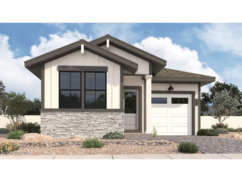 Front exterior of a new home in South Ranch Southern Collection, Prescott, AZ, highlighting curb appeal (Image 1).