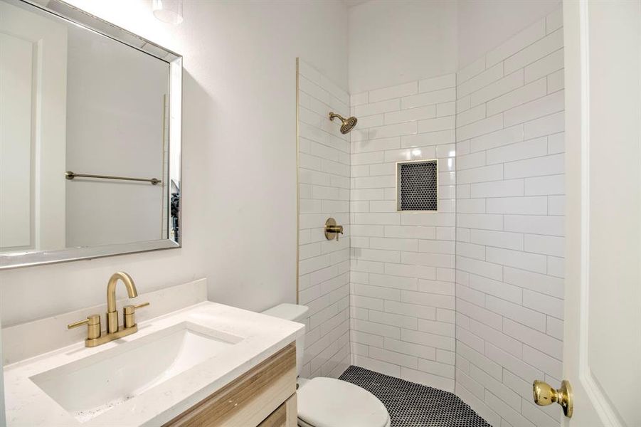 Full bathroom with vanity and a shower stall Full bathroom with vanity and a shower stall