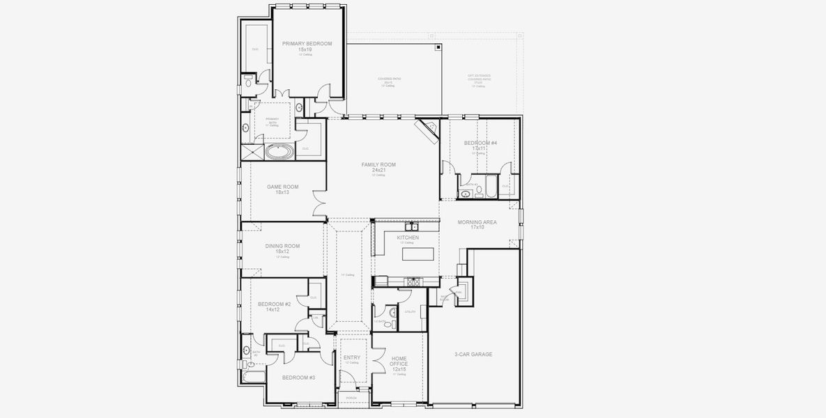2D floor plan layout for the 3578W by Perry Homes in Lakes of Cane Island, Katy, TX (Image 5).