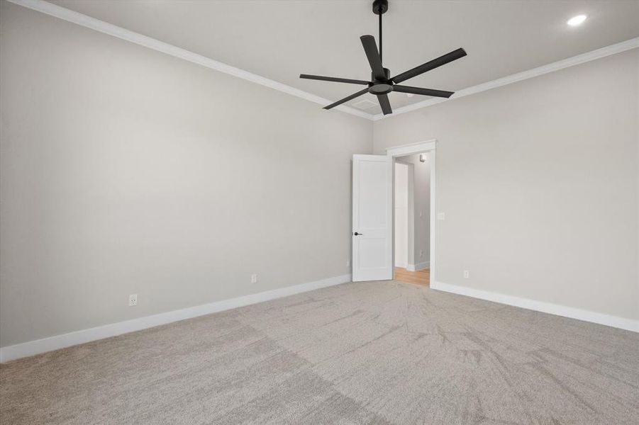 Unfurnished room with crown molding, ceiling fan, and light colored carpet