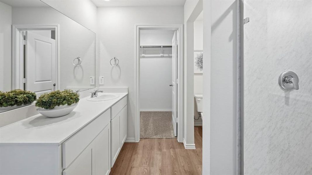Bathroom featuring a vanity with a white countertop and a single sink, a large mirror, and wood-look flooring