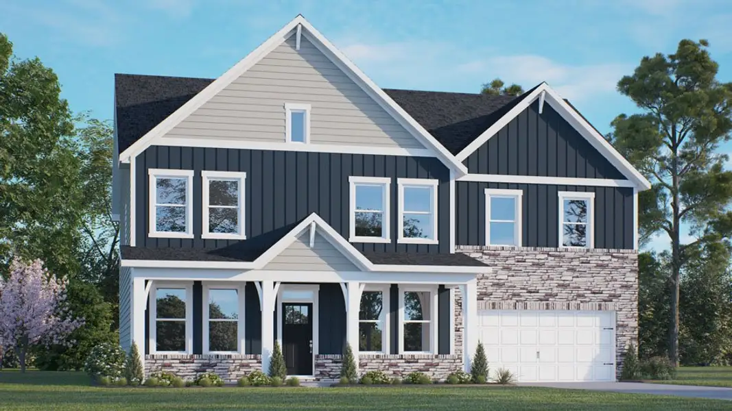 Front exterior of a new home in Eagle Creek, Fuquay Varina, NC, highlighting curb appeal (Image 1). Front exterior of a new home in Eagle Creek, Fuquay Varina, NC, highlighting curb appeal (Image 1).