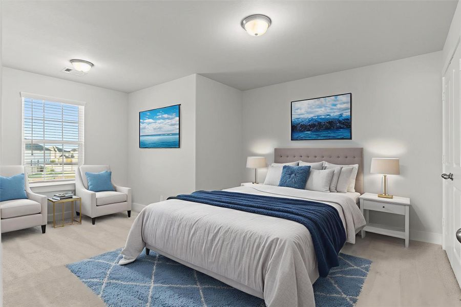 Virtually staged — One of the spacious upstairs bedrooms is styled to showcase how versatile and welcoming it can be. Large windows bring in plenty of natural light, while the neutral palette complements any décor.