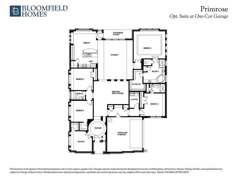 Bloomfield Homes Primrose floor plan with four bedrooms, two bathrooms, family room, study, and two-car garage option. Bloomfield Homes Primrose floor plan with four bedrooms, two bathrooms, family room, study, and two-car garage option.