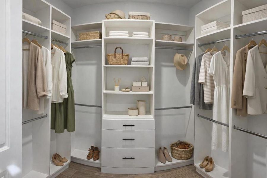 Organized walk-in closet with neutral to
