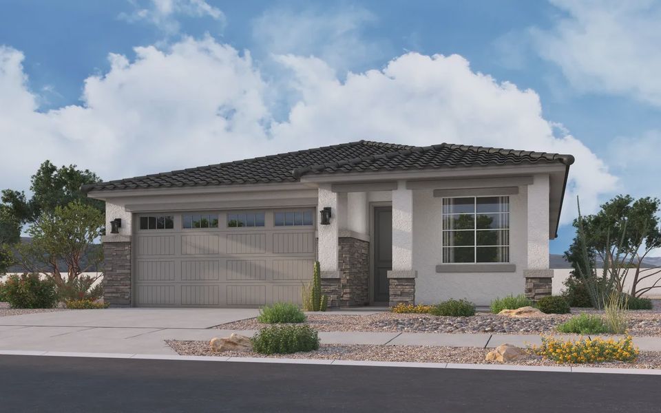 Front exterior of a new home in Avanti at Granite Vista, Waddell, AZ, highlighting curb appeal (Image 20).